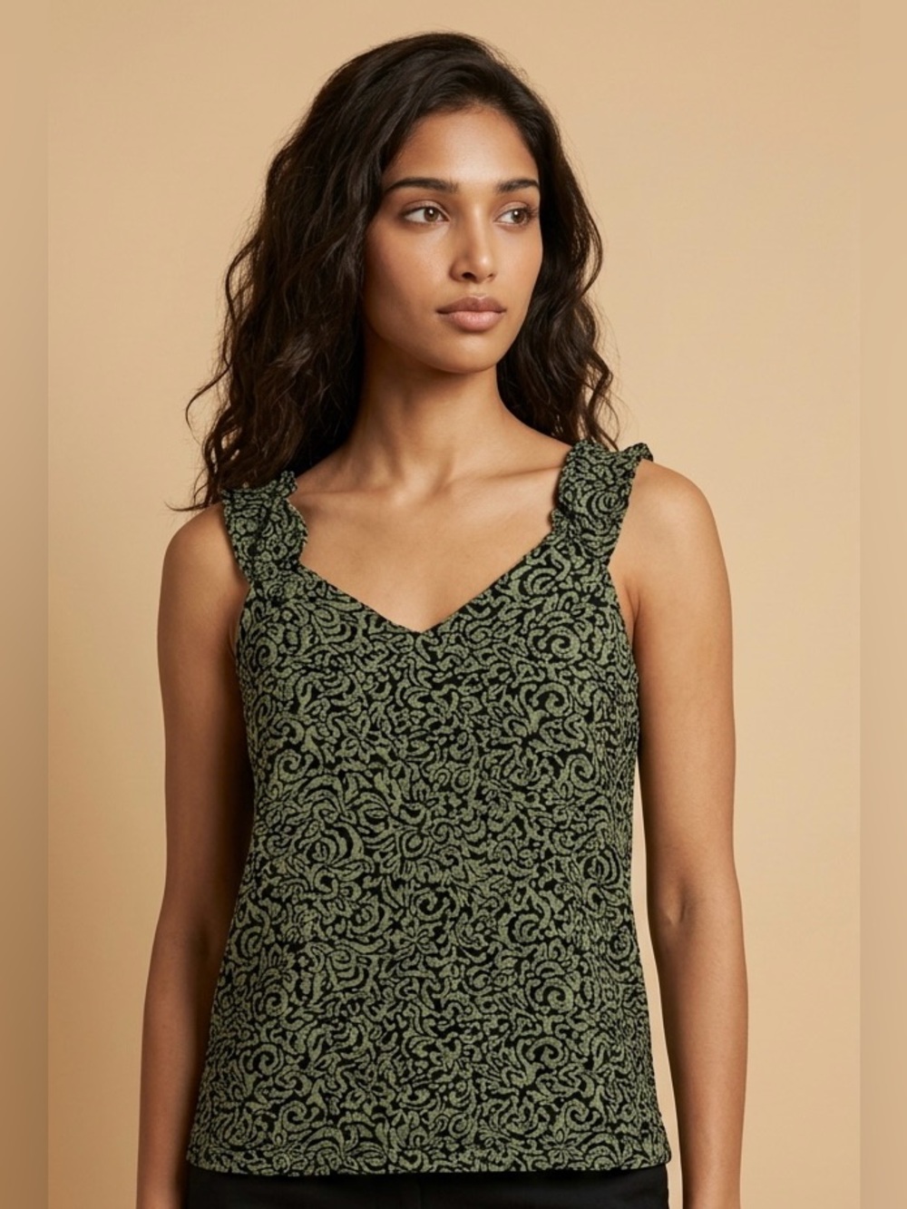 Carole Little Sleeveless BoHo Vintage 90’s Olive Green Black V-Neck Tank Top-S/M